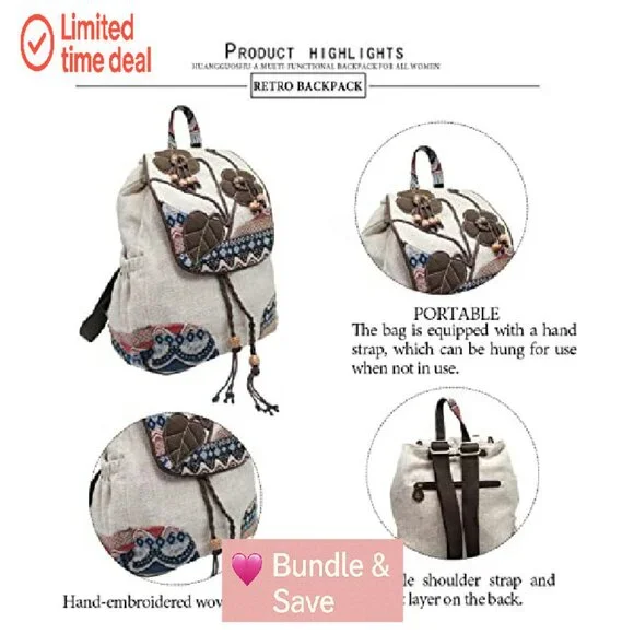Vintage Boho Drawstring Backpack Purse, 9 Pockets, Adjustable Strap,
